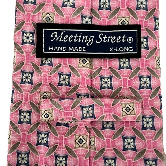 Vintage Meeting Street Handmade Silk Tie LONG Pink Blue Tan Geometric Preppy - Picture 2 of 3